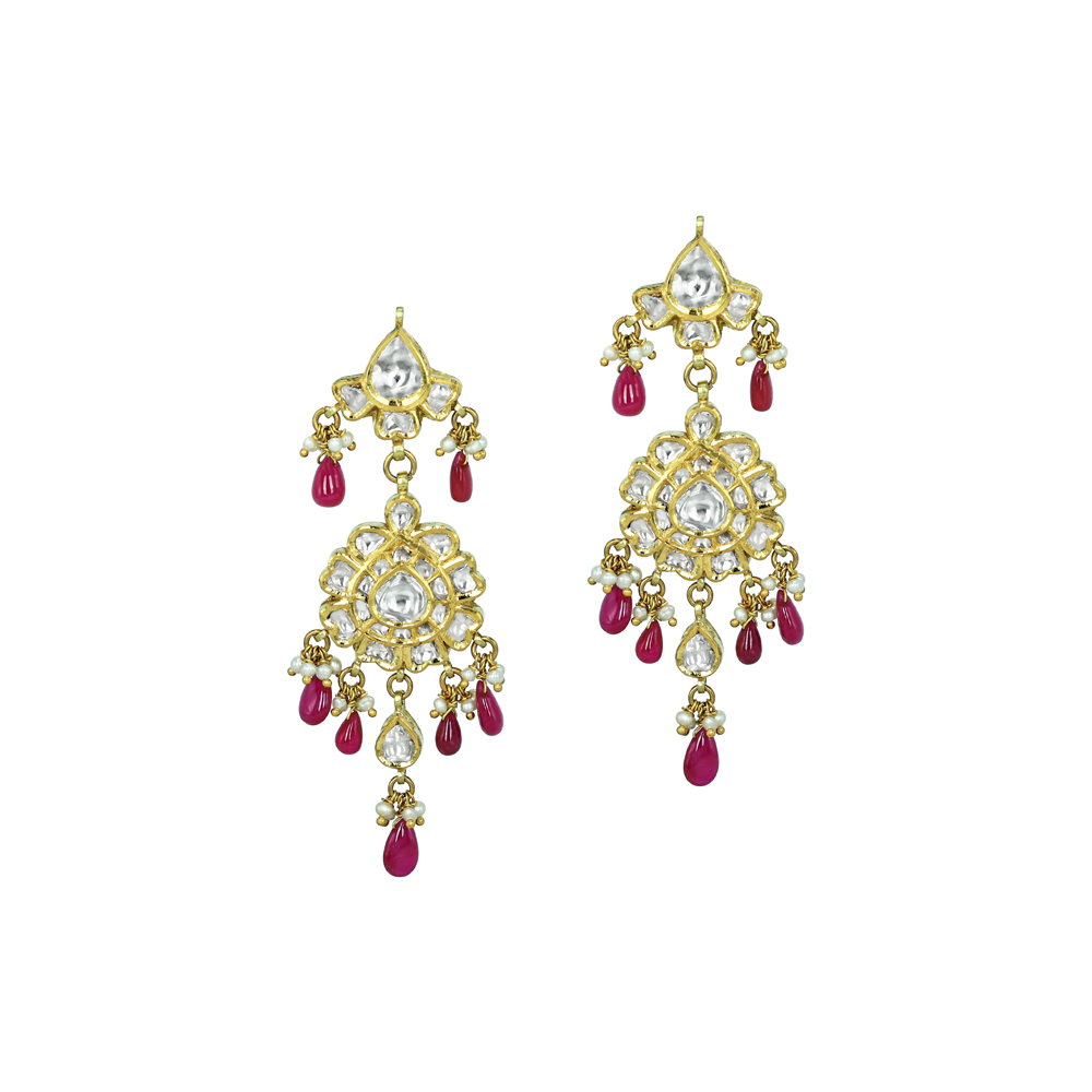 Polki Earrings with Floral Motifs, Ruby Drops, and Pearls